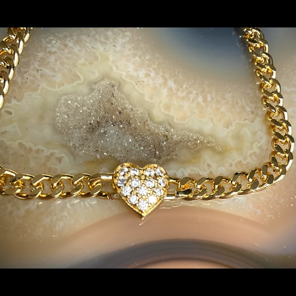 Gold heart bracelet Cuban link womens jewelry gift for her - Picture 4 of 7